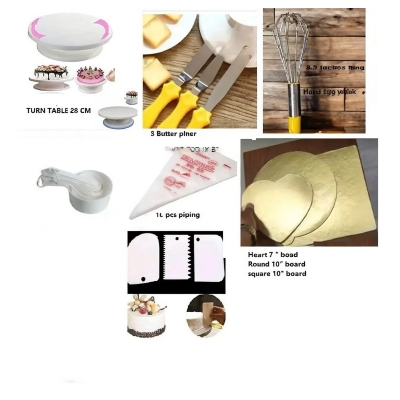 Picture of super 7C Turn Table 28 Cm , 3 Butter planer , Measurement cup set, Tsco Bitter,10 piping bag, scrapper set , 3 pcs 3 shape Board -Multicolor