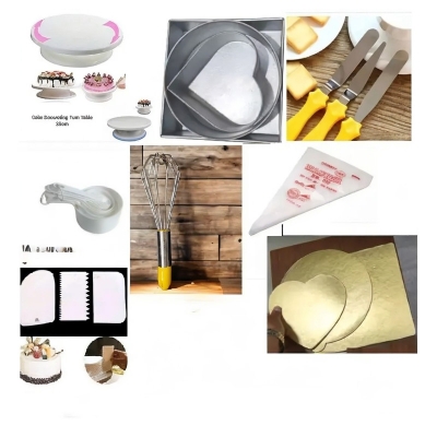 Picture of super 8C Turn Table 28 Cm , 3pcs Alu Mold set , 3 Butter planer , Measurement cup set, Tsco Bitter,10 piping bag, scrapper set , 3 pcs 3 shape Board -Multicolor