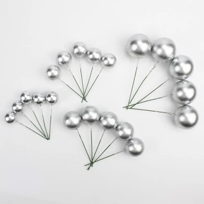 Picture of 5 Pcs silver Topper Ball Cake Happy Birthday Party Baby Shower Cake Decoration Cake Flag Wedding Christmas Ball Decoration Supplies -Silver