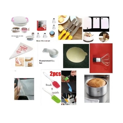 Picture of 11 CX The Combo Turn Table + Deco +  3 butter planer + white M cup set + scrapper set + 10 piping + 10”= 1 board + Hand Egg Bitter Heavy  + oil paper 2 pcs +  oil brush set + Alu Round 7 inches -Multicolor