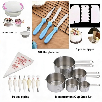 Picture of 5p Combo Turn table / 3 butter planer / 3 pcs scrapper  / Measurement cup set / 10 pcs piping bag -Multicolor