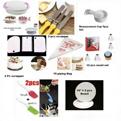 Picture of 8XP Combo Cake Turn Table + 12 & 3 Nozel Set + 3 Nife + 2 Oil Brush + 9 M set Cup + 3 Scrapper + 10" 2 Board + 10 Piping Bag -Multicolor