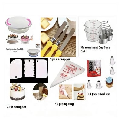 Picture of 6CX  Set Cake Decoration Turntable , 12 Pieces Of Stainless Steel Nozzle Set , 3 pieces of cake planner , Measuring Spoon Cup Set , 3 pieces Plastic Cream Scraper & 10 Pieces Pipping Bags -Multicolor