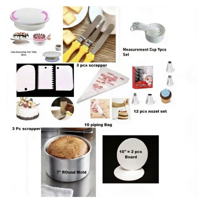 Picture of 8XP Combo Turn Table Full , 12 Deco Nozel , 3 Butter spread , 7" Round Mold , White M Cup set , 3 Scrapper , 10 piping Bag , 10" Cake Board 2 Pcs -Multicolor