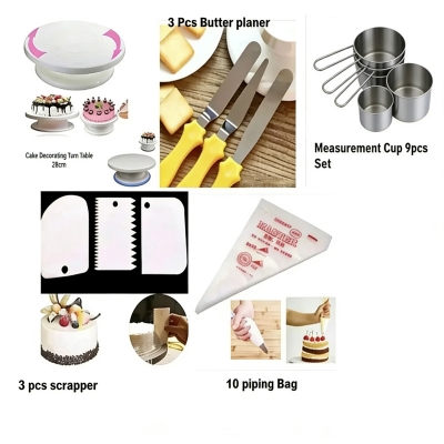 Picture of Combo Turn Table 28 CM  +3 Butter planer set + 3 pcs Scrapper + White 9 pcs Measurement cup set + 10 Pieces Piping Bag -Multicolor