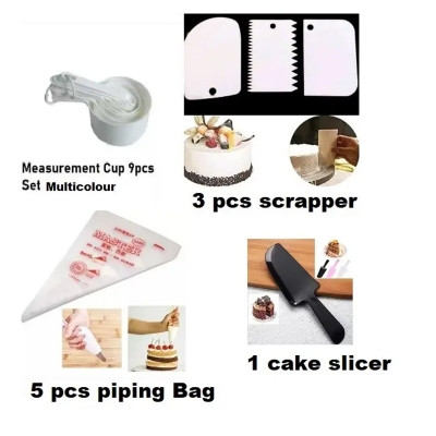 Picture of Combo  of 4 Measurement 9 pcs cup set  + scrapper 3 pcs set + 5 pcs piping bag + cake slicer -Multicolor