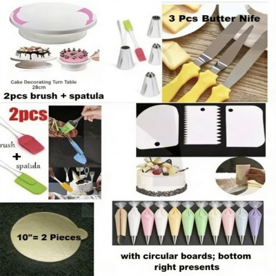 Picture of 8x 6CO Combo Cake Turn Table + 12 & 3 Nozel Set + 3 Nife + 2 Oil Brush + 9 M set Cup + 3 Scrapper + 10" 2 Board + 10 Piping Bag -Multicolor