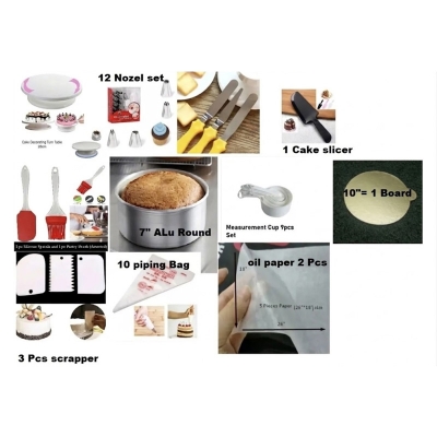 Picture of COMBO Cake BAking 11CX Turn Table , Deco Nozel , 3 butter planer , oil brush & Spatula set , 7" Alu round , Measurement cup set , scrapper , piping 10 pcs , oil paper 2 pcs , 10"= 1 board  , cake slicer -Multicolor