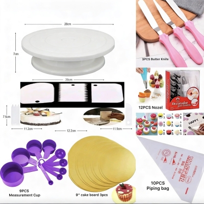 Picture of 7 A Combo set of cake decoration tools includes a turntable, 12 steel nozzles, 3 planners, a measuring spoon set, 3 plastic cream scrapers, 10 piping bags, and 3 cake boards -Multicolor