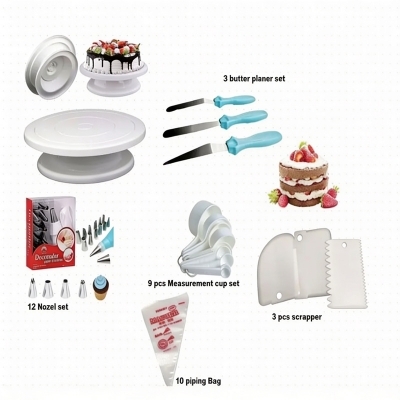 Picture of 6XC Cake Decoration Turntable , 12 Pieces Of Stainless Steel Nozzle Set , 3 pieces of cake planner , Measuring Spoon Cup Set , 3 pieces Plastic Cream Scraper & 10 Pieces Pipping Bags -Multicolor