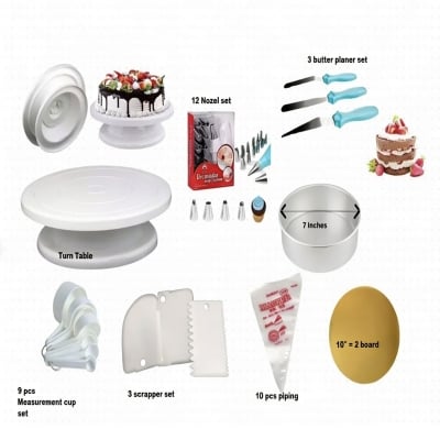 Picture of 8X 6c Combo Turn Table , 12 Deco Nozel , 3 Butter spread , 7" Round Mold , White M Cup set , 3 Scrapper , 10 piping Bag , 10" Cake Board 2 Pcs Combo -Multicolor