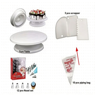 Picture of 4XP Cake Decorating Turntable - 28 cm +12 pieces Cake decoration Nozzle set + 10 Piping Bags + 3 pcs scrapper combo of 4 -Multicolor