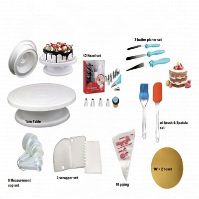 Picture of 8X  6C Combo Cake Turn Table + 12 & 3 Nozel Set + 3 Nife + 2 Oil Brush + 9 M set Cup + 3 Scrapper + 10" 2 Board + 10 Piping Bag Combo -Multicolor