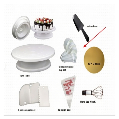 Picture of Combo of Turn Table + Measurement cup set + scrapper set + 10 piping bag +10"= 1 round board + cake slicer And Hand egg whisk -Multicolor