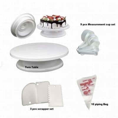 Picture of Turn Table with Measurement cup set with 3 scrapper set with 10 pieces piping bag -Multicolor