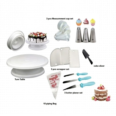 Picture of Cake Combo With 1m/2D/2F cake slicer Cake Decoration Turntable , , 3 pieces of cake planner , Measuring Spoon Cup Set , 3 pieces Plastic Cream Scraper & 10 Pieces Pipping Bags -Multicolor
