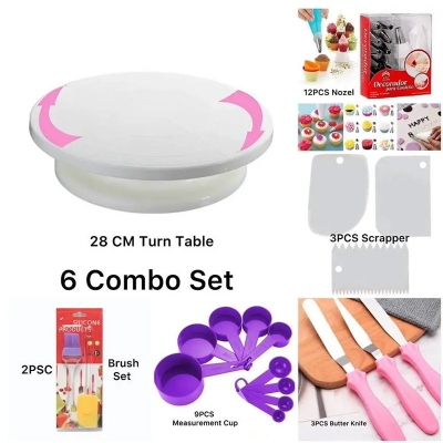 Picture of 6X Combo Set Decoration Turntable 28cm , 12 Pieces Of Stainless Steel Nozzle Set , 3 pieces of cake planner , Measuring Spoon Cup Set , 3 pieces Plastic Cream Scraper ,2 PCS Set Silicone Spoon and oil brush -Multicolor