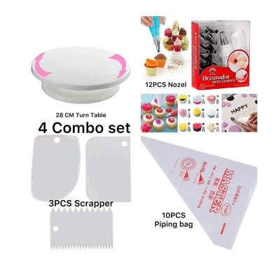 Picture of 4P Combo Set-Cake Decorating Turn Table 28cm,3Pcs scraper set,Plastic Piping Bags 10pcs,12 pieces cake decorating set frosting icing piping bag tips with steel nozzle reusable and washable Combo set -Multicolor