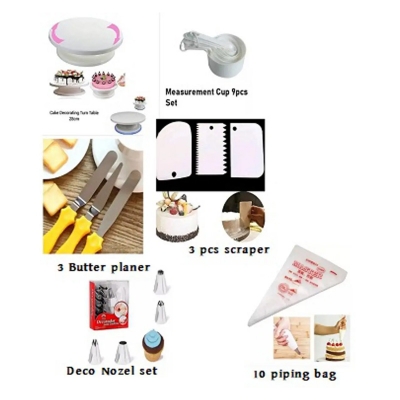 Picture of 6CAAA Cake Combo Turntable 28 CM & 12 Pcs Nozzle Set & 3 Pcs Butter Planer & Measuring Spoon Cup Set & 3 Pcs Cream Scraper & 10 Pcs Pipping Bags -Multicolor