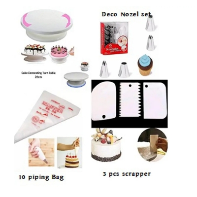 Picture of 4PPP Cake Combo Turn Table , Deco Nozel Set,3 Piece Scrapper, 10 pieces Piping Bag -Multicolor