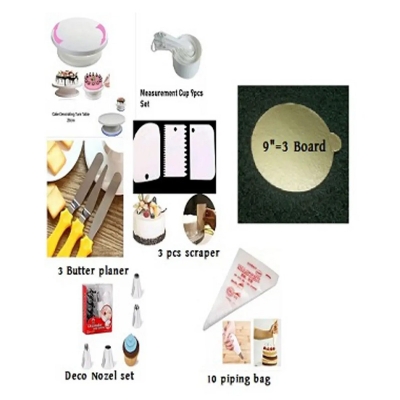 Picture of 7A Cake Combo Turntable 28 CM , 12 Pcs Steel Nozzle Set , 3 Pcs planner , Measuring Spoon Set , 3 Pcs Cream Scraper ,10 Pcs Pipping Bag & 3 Pcss cake Board -Multicolor