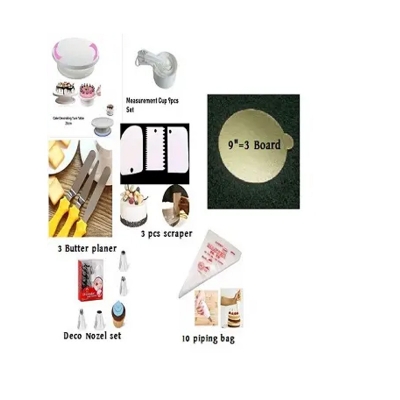 Picture of 7AAA Cake Combo Cake Decoration Turntable , 12 Pieces Nozzle Set , 3 pieces planner , Measuring Spoon Set , 3 pieces Plastic Cream Scraper ,10 Pieces Pipping Bag & 3 pieces cake Board -Multicolor