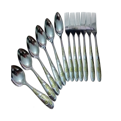 Picture of Stainless Steel 6 + 6 Spoon + Fork Set - 12 Pcs Multi Design Silver with Golden Shade -Silver