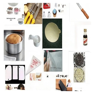 Picture of 14CCC Big Combo Turn table Deco Nozel set 3 Butter planer Measurement cup 9 pcs 3 scrapper set 10 pcs piping bag 7 Inches Alu round 10incehs 1 cake round board 2 pcs oil paper 10 Inches bread cutter vanilla essence white and black chips 100 gm cake slicer -Multicolor