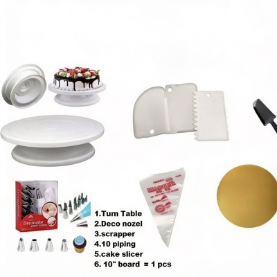 Picture of Turn Table with Deco 12 Pcs nozel  set with 3 scrapper set with 10 pipign bag with cake slicer with 10" board 1 pcs A1 -Multicolor