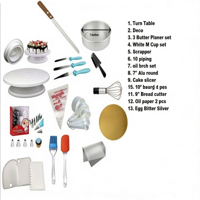Picture of Turn table + Deco 12 Pcs nozel  set  + 3 butter Planer + white measurement cup set + scrapper + 10 piping bag + 7" ALu round + oil brush set+ Egg Bitter silver+10" board 1 pcs+ cake slicer + oil paper 2 Pcs  + 9" Bread cutter A9 -Multicolor