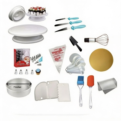 Picture of Turn table + Deco 12 Pcs nozel  set  + 3 butter Planer + white measurement cup set + scrapper + 10 piping bag + 7" ALu round + oil brush set+ Egg Bitter silver+10" board 1 pcs+ cake slicer + oil paper 2 Pcs  A8 -Multicolor