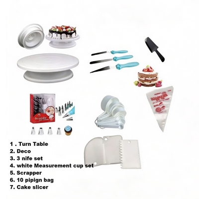 Picture of Turn table + Deco 12 Pcs nozel  set  + 3 butter Planer + white measurement cup set + scrapper + 10 piping bag + cake slicer + 10" board = 1 pcs A2 -Multicolor