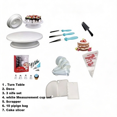 Picture of Turn table + Deco 12 Pcs nozel  set  + 3 butter Planer + white measurement cup set + scrapper + 10 piping bag + cake slicer A3 -Multicolor