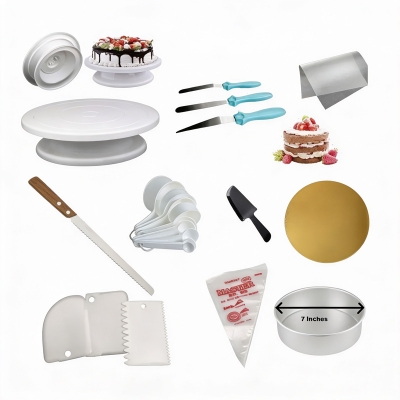 Picture of Turn Table + 3 Butter planer set + 9" bread cutter + white M cup set + scrapper set + 10 piping + 10"board 1 pcs + 7" ALu round + oil paper 2 pcs + cake slicer  A6 -Multicolor
