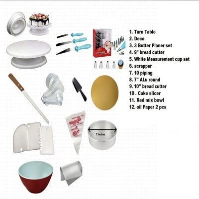 Picture of Turn table + Deco 12 Pcs nozel  set  + 3 butter Planer + white measurement cup set + scrapper + 10 piping bag +  9" Bread cutter + cake slicer+ 10" board 1 pcs + 7" ALu round + Red mix bowl+ oil paper 2 pcs A7 -Multicolor