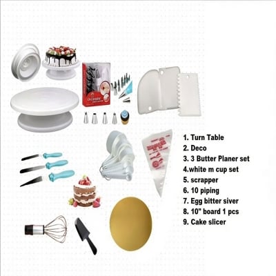 Picture of Turn table + Deco 12 Pcs nozel  set  + 3 butter Planer + white measurement cup set + scrapper + 10 piping bag +Egg bitter silver + 10" board 1 Pcs + cake slicer  A5 -Multicolor