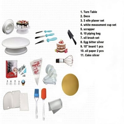 Picture of Turn table + Deco 12 Pcs nozel  set  + 3 butter Planer + white measurement cup set + scrapper + 10 piping bag + oil brush set + Egg bitter silver + 10" board 1 pcs + oil paper 2 pcs + cake slicer  A4 -Multicolor