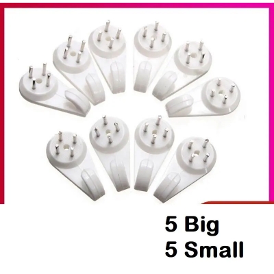 Picture of 10 pcs 5 Big + 5 Small White Plastic Invisible Wall Mount Photo Picture Frame Nail Hook Hanger 30mm -White