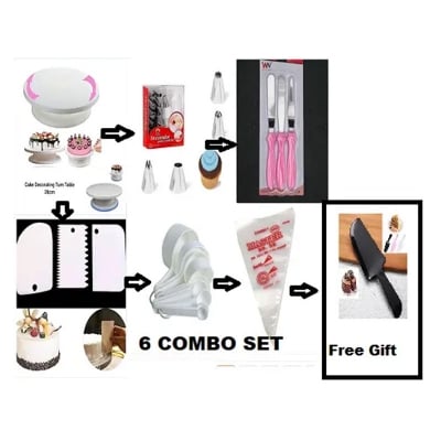 Picture of 6C With Free 1 pcs Cake slicer  Set Of Cake Decoration Turntable , 12 Pieces Of Stainless Steel Nozzle Set , 3 pieces of cake planner , Measuring Spoon Cup Set , 3 pieces Plastic Cream Scraper & 10 Pieces Pipping Bags -Multicolor