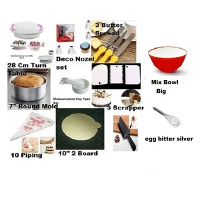 Picture of 11C Combo of Turn Table 12 Deco Nozel 3 Butter spread  7" Round Mold White M Cup set 3 Scrapper 10 piping Bag 10" Cake Board 2 Pcs  Big  Mix bowl  Hand Egg bitter silver cake slicer -Multicolor