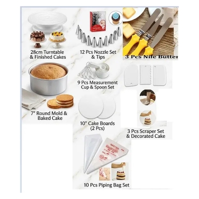 Picture of 8P7  Combo Turn Table Full , 12 Deco Nozel , 3 Butter spread , 7" Round Mold , White M Cup set , 3 Scrapper , 10 piping Bag , 10" Cake Board 2 Pcs -Multicolor