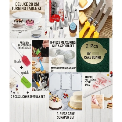Picture of 8PO Combo Cake Turn Table + 12 & 3 Nozel Set + 3 Nife + 2 Oil Brush + 9 M set Cup + 3 Scrapper + 10" 2 Board + 10 Piping Bag -Multicolor
