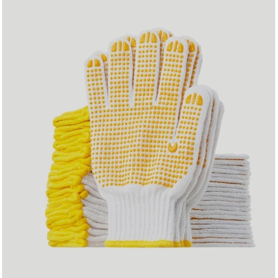 Picture of 12 pair Knitted Cotton and PVC Dotted Hand Gloves for Construction, Industrial, Welding, Kitchen, Gardening, Household work -Yellow