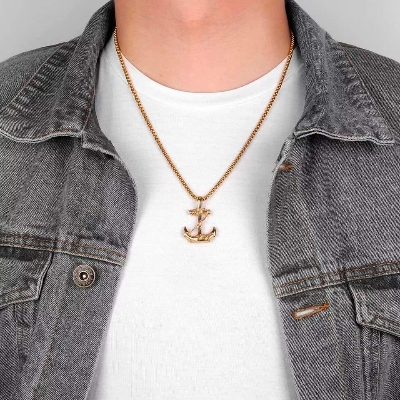 Picture of New Vintage Caribbean Pirate Anchor Pendant Men's Necklace Golden 