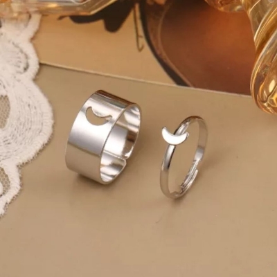 Picture of Love King and Queen Couple Ring Set In Moon Silver Adjustable