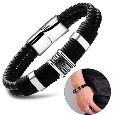 Picture of Braided Leather Rope Bracelet Stainless Steel Magnetic Buckle Bracelet For Men Black Adjustable