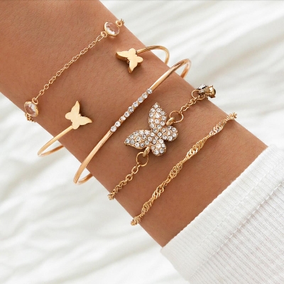 Picture of New Golden Pearl Crystal Butterfly Bracelet Set For Women Gold 