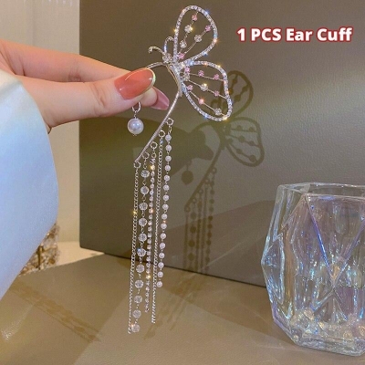Picture of Korean Super Fairy Butterfly Tassel Earrings With Artificial Pearl Ear Clip White 