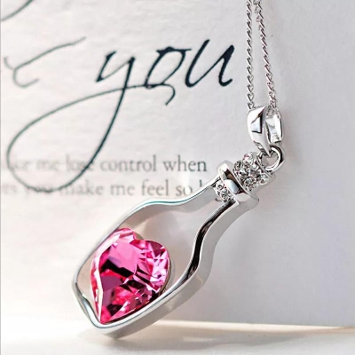 Picture of Blue Collares Men Wish Bottle Crystal Heart Pendant Necklace For Women Chain Jewelry Pink Adjustable