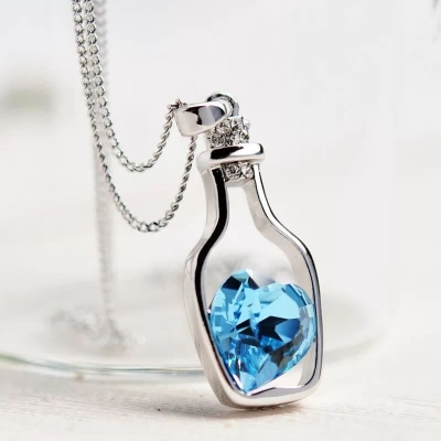 Picture of Blue Collares Men Wish Bottle Crystal Heart Pendant Necklace For Women Chain Jewelry Blue Adjustable